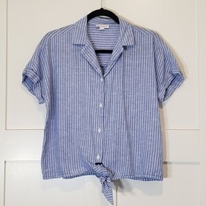 Beachlunchlounge Linen Cotton Button Down Front Tie Striped Top Size Small